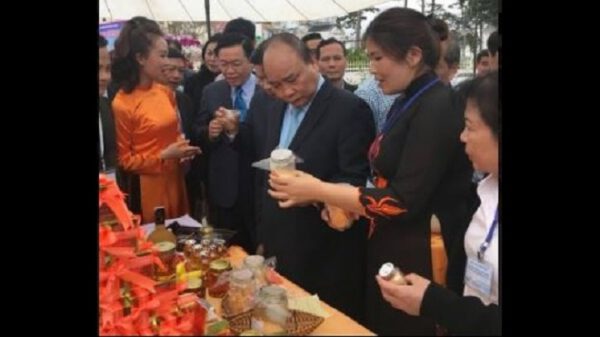 Thủ tướng Chính phủ Nguyễn Xuân Phúc và phó Thủ tướng Vương Đình Huệ tham quan gian hàng của Dalat Newfarm